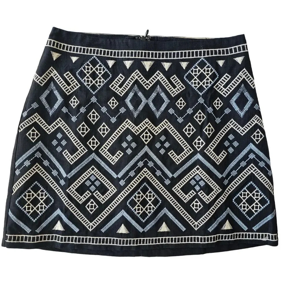 Lush Jubilee Black Embroidered‎ Mini Skirt XS Aztec Geometric Cotton